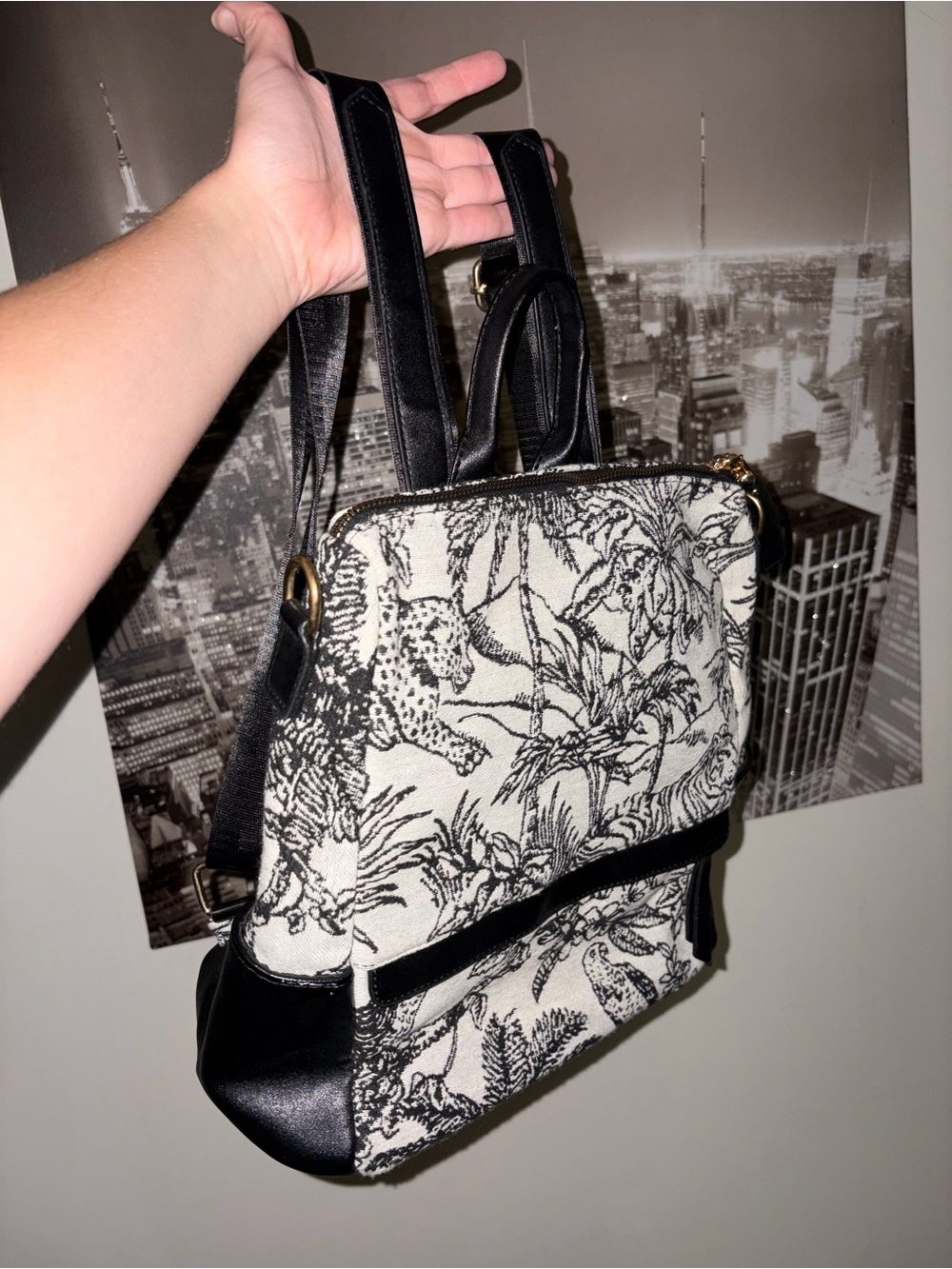 Amazon Black & Cream Botanical Leopard Canvas Topside Closure Backpack